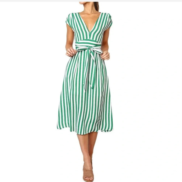 Casual Stripe Printing Off Shoulder Sleeveless Dress - Picture 3 of 8